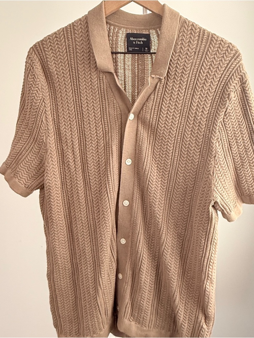 Abercrombie & Fitch Beige Open-Knit Short Sleeve Polo Shirt Size Medium
